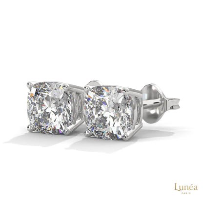 1.25 ct. cushion-cut lab-grown diamond stud earrings set in polished 14K white gold.