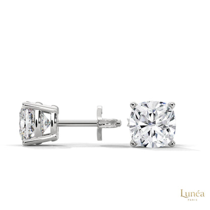 1.25 carat cushion-cut lab-grown diamond stud earrings set in polished 14K white gold.