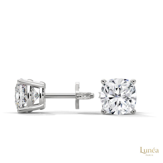 1.25 carat cushion-cut lab-grown diamond stud earrings set in polished 14K white gold.