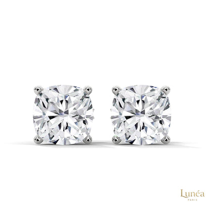 1.25 CT cushion-cut lab diamond stud earrings set in polished 14K white gold for a brilliant, timeless look.