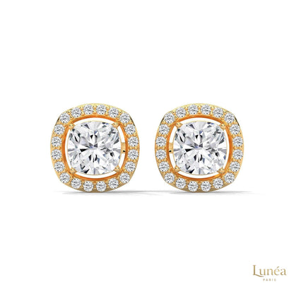 1.25 CT cushion halo diamond stud earrings in 14K gold with pavé-set lab-grown diamonds.