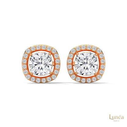 1.25 CT cushion halo diamond stud earrings in 14K gold with pavé-set lab-grown diamonds.