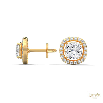 1.25 CT cushion halo diamond stud earrings in 14K gold with pavé-set lab-grown diamonds.