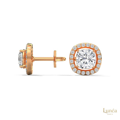 1.25 CT cushion halo diamond stud earrings in 14K rose gold with pavé-set lab-grown diamonds.