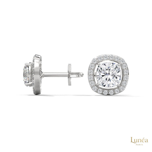 1.25 CT cushion halo diamond stud earrings in 14K white gold with pavé-set lab-grown diamonds.