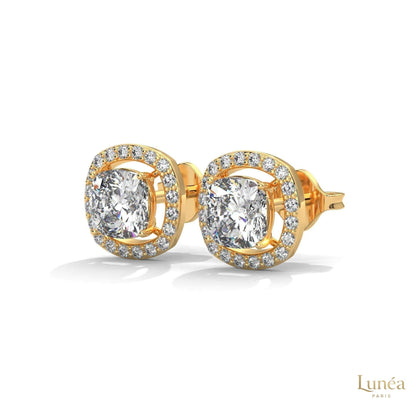 1.25 CT cushion halo diamond stud earrings in 14K gold with pavé-set lab-grown diamonds.