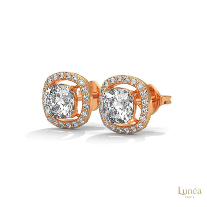 1.25 CT cushion halo diamond stud earrings in 14K gold with pavé-set lab-grown diamonds.