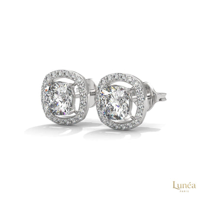 1.25 CT cushion halo diamond stud earrings in 14K gold with pavé-set lab-grown diamonds.