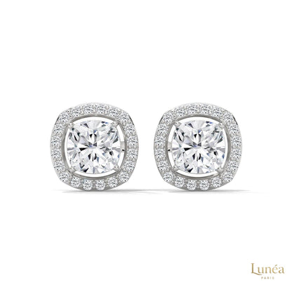 1.25 CT cushion halo diamond stud earrings in 14K gold with brilliant pavé-set lab-grown diamonds.