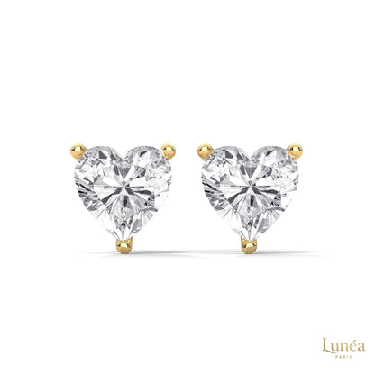 1.25 CT heart-shaped lab-grown diamond stud earrings set in polished 14K white gold with a secure three-prong setting.