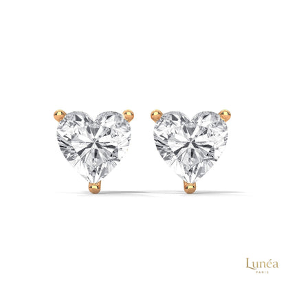 1.25 CT heart-shaped lab-grown diamond stud earrings set in polished 14K white gold with a secure three-prong setting.