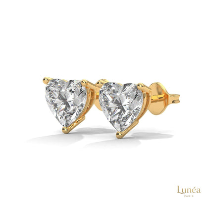 1.25 CT heart-shaped lab-grown diamond stud earrings set in polished 14K white gold with a secure three-prong setting.