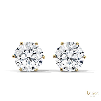 1.30 CT round lab-grown diamond stud earrings in a classic 6-prong setting, available in 14K gold or platinum.