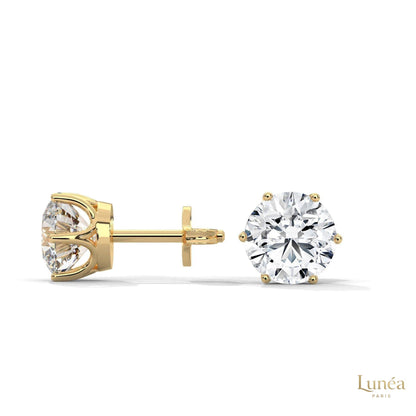 1.30 CT round lab-grown diamond stud earrings in 14K gold with a secure 6-prong setting for timeless brilliance.
