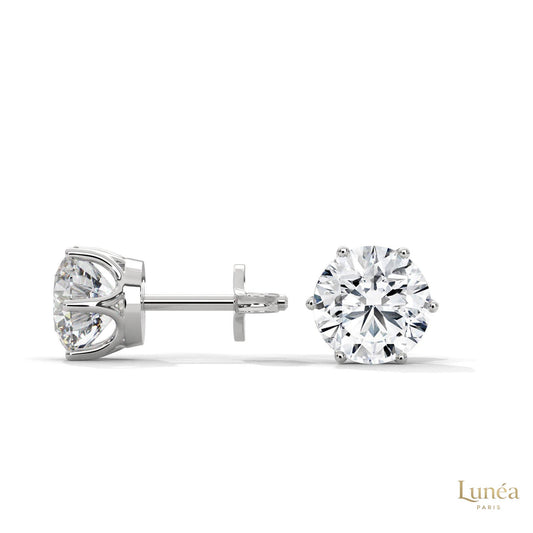 1.30 CT round lab-grown diamond stud earrings set in polished 14K white gold with a secure six-prong basket setting.