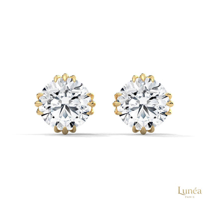 1.30 CT round lab-grown diamond stud earrings in a floral crown setting, crafted in polished 14K gold.