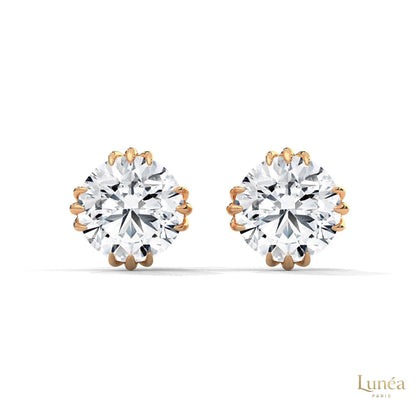 1.30 CT round lab-grown diamond stud earrings in a floral crown setting, crafted in polished 14K gold.