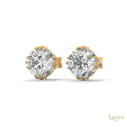 1.30 CT round lab-grown diamond stud earrings in a floral crown setting, crafted in polished 14K gold.