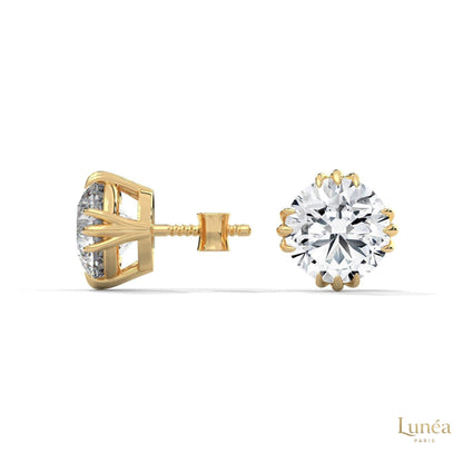 1.30 CT round lab-grown diamond stud earrings in a floral crown setting, crafted in polished 14K yellow gold.
