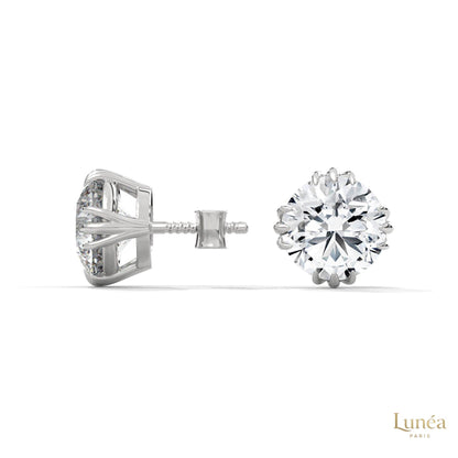 1.30 CT round lab-grown diamond stud earrings in a floral crown setting, crafted in polished 14K white gold.