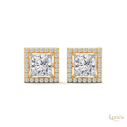 1.30 CT princess-cut lab-grown diamond halo stud earrings set in polished 14K gold with pavé diamond accents.
