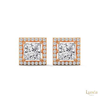 1.30 CT princess-cut lab-grown diamond halo stud earrings in 14K gold with pavé-set accents.
