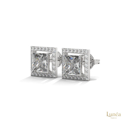 1.30 CT princess-cut lab-grown diamond halo stud earrings set in polished 14K gold with pavé diamond accents.