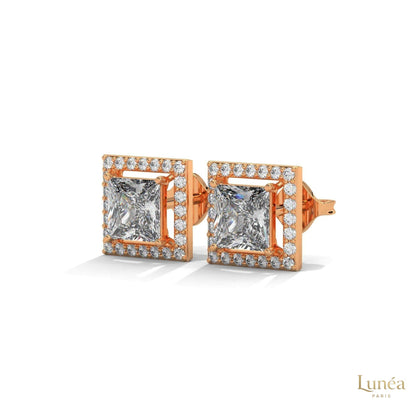 1.30 CT princess-cut lab-grown diamond halo stud earrings in polished 14K gold with pavé-set accent stones.