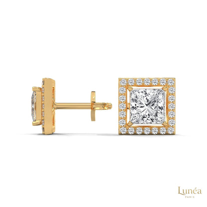 1.30 CT princess-cut lab-grown diamond halo stud earrings set in polished 14K yellow gold.
