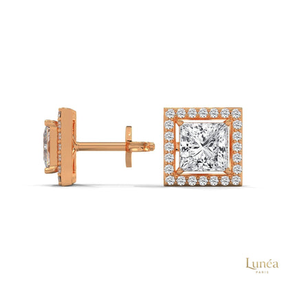 1.30 CT princess-cut lab-grown diamond halo stud earrings in polished 14K rose gold.