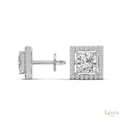 1.30 CT princess-cut lab-grown diamond halo stud earrings set in polished 14K white gold.