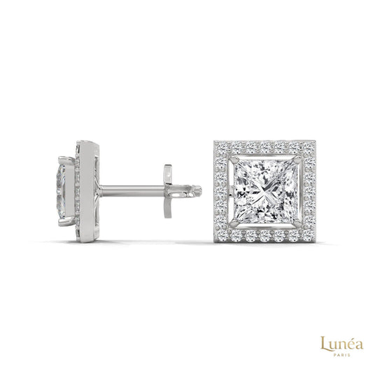 1.30 CT princess-cut lab-grown diamond halo stud earrings set in polished 14K white gold.