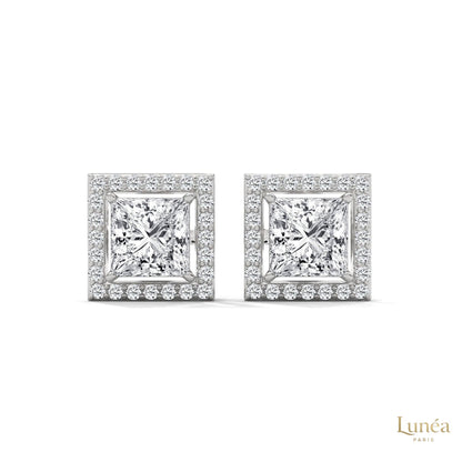 1.30 CT princess-cut lab-grown diamond halo stud earrings set in polished 14K gold with pavé diamond accents.