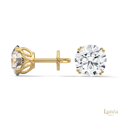 1.30 CT round lab-grown diamond stud earrings set in polished 14K gold with a classic four-prong design.