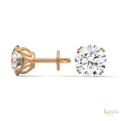 1.30 CT round lab-grown diamond stud earrings set in polished 14K rose gold with a classic four-prong setting.