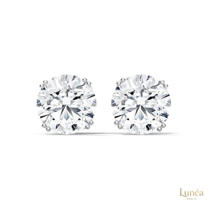 1.30 CT round lab-grown diamond stud earrings in a classic four-prong setting, available in 14K gold or platinum.