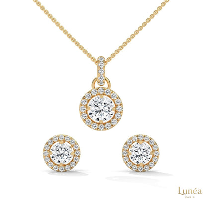 14K yellow gold halo diamond pendant and matching stud earring set with round lab-grown diamonds.