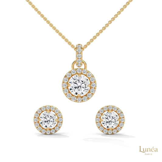 1.40 CT. Halo Diamond Pendant & Studs Set