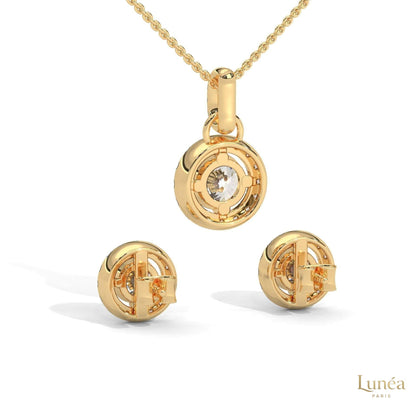 14K yellow gold halo diamond pendant and screw-back stud earring set with round lab-grown diamonds.