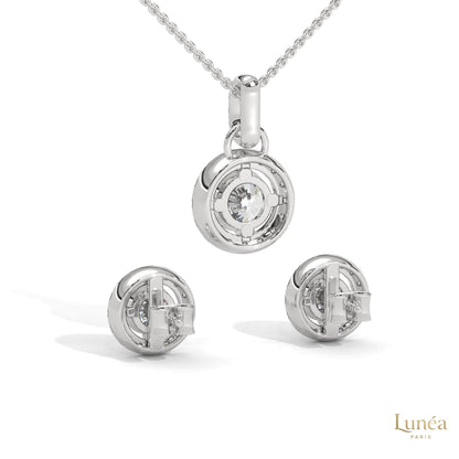 14K white gold halo diamond pendant and matching screw-back stud earrings set with round lab-grown diamonds.