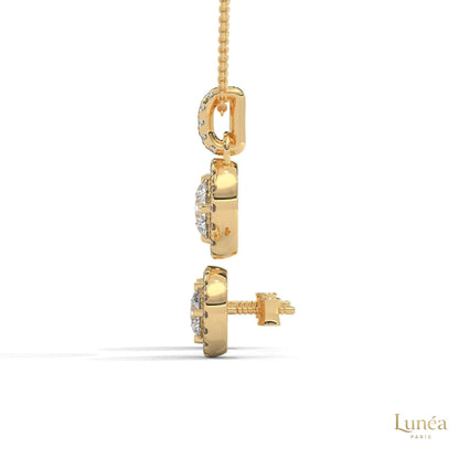 14K yellow gold halo diamond pendant and screw-back stud earrings set with round lab-grown diamonds.