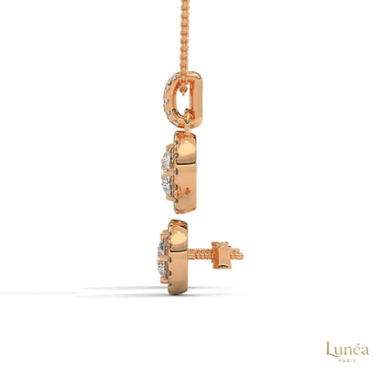 14K rose gold halo diamond pendant and screw-back stud earrings set with round lab-grown diamonds.