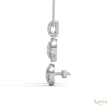 14K white gold halo diamond pendant and screw-back stud earrings set with round lab-grown diamonds.