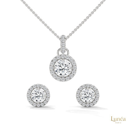 1.40 CT halo diamond pendant and stud earring set in 14K white gold with round-cut lab-grown diamonds.