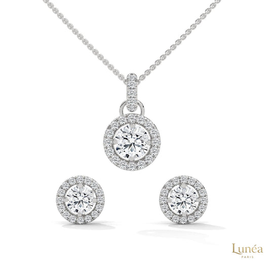 1.40 CT. Halo Diamond Pendant & Studs Set