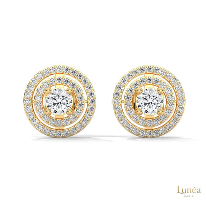 1.5 CT double halo lab-grown diamond stud earrings set in polished 14K gold.
