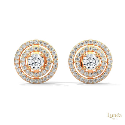 1.5 CT double halo lab-grown diamond stud earrings set in polished 14K rose gold.