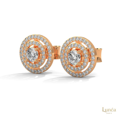 1.5 CT double halo diamond stud earrings in 14K gold with brilliant lab-grown pavé settings.