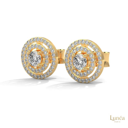 1.5 CT lab-grown diamond stud earrings featuring a double halo design in polished 14K gold.