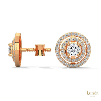 1.5 CT double halo lab-grown diamond stud earrings in 14K gold, featuring a brilliant round center and pavé-set halo design.